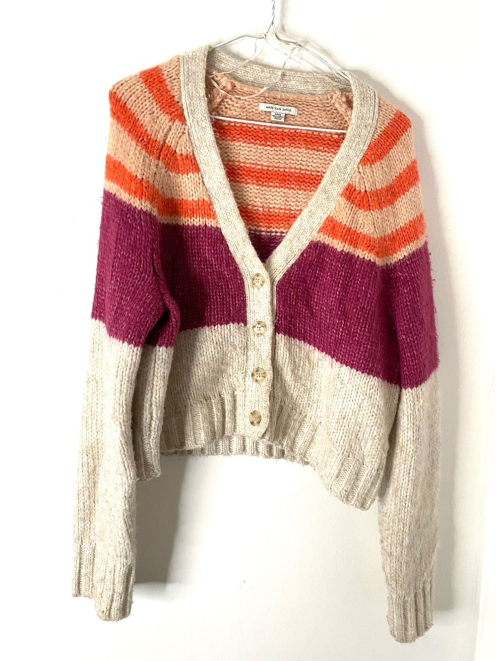 American Eagle Oversized Stripe Knit V-Neck Button Cardigan Wool Blend